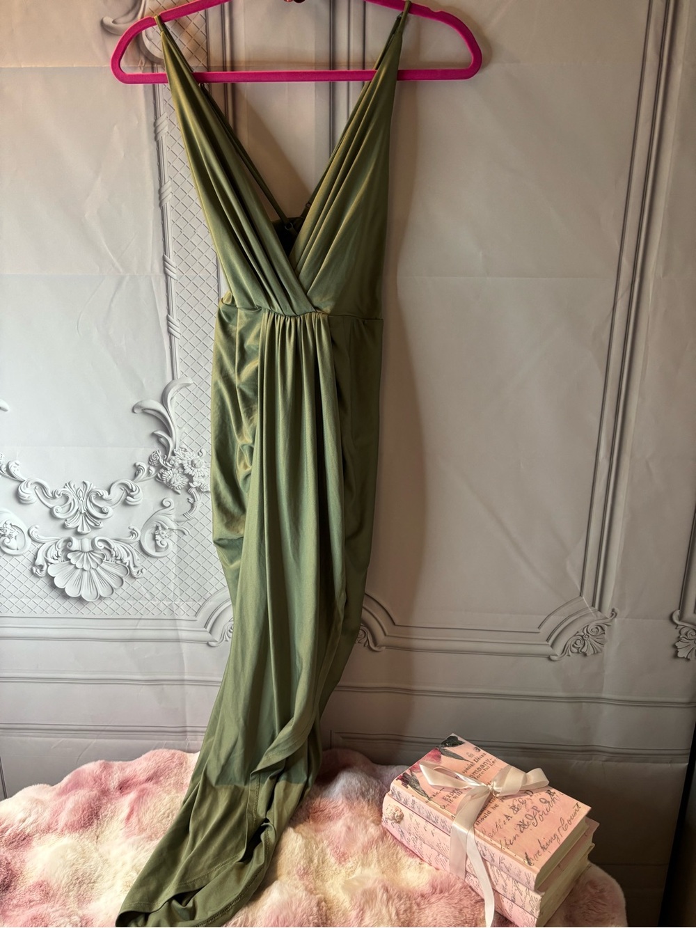 Love Culture Women's Olive Green Front-Draped Ruching Maxi Dress, Size Medium